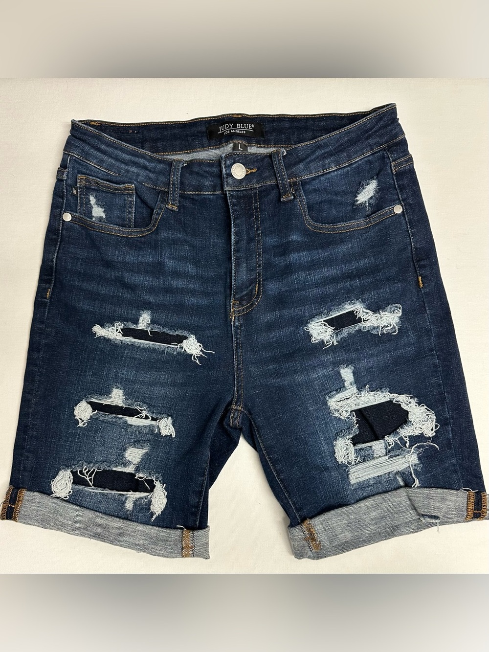 Judy Blue Dark Blue Distressed Denim Shorts with Rolled Hem